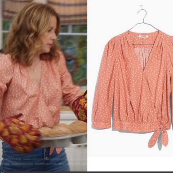 Madewell Wrap Top Blouse Size Medium Coral Star Print Quarter-Sleeve Lightweight - Picture 11 of 11